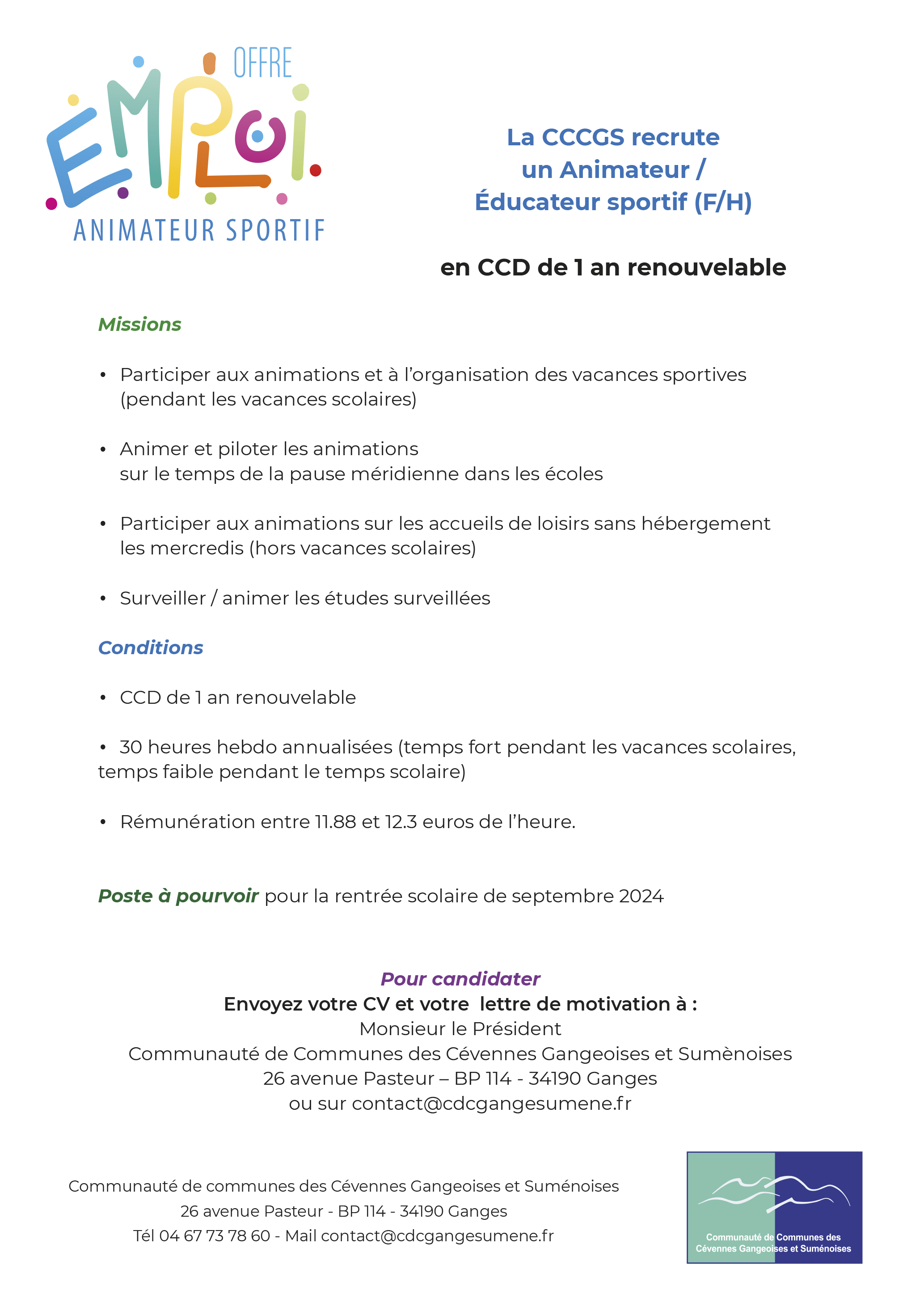 Offre éductaur animateur sportif 2024