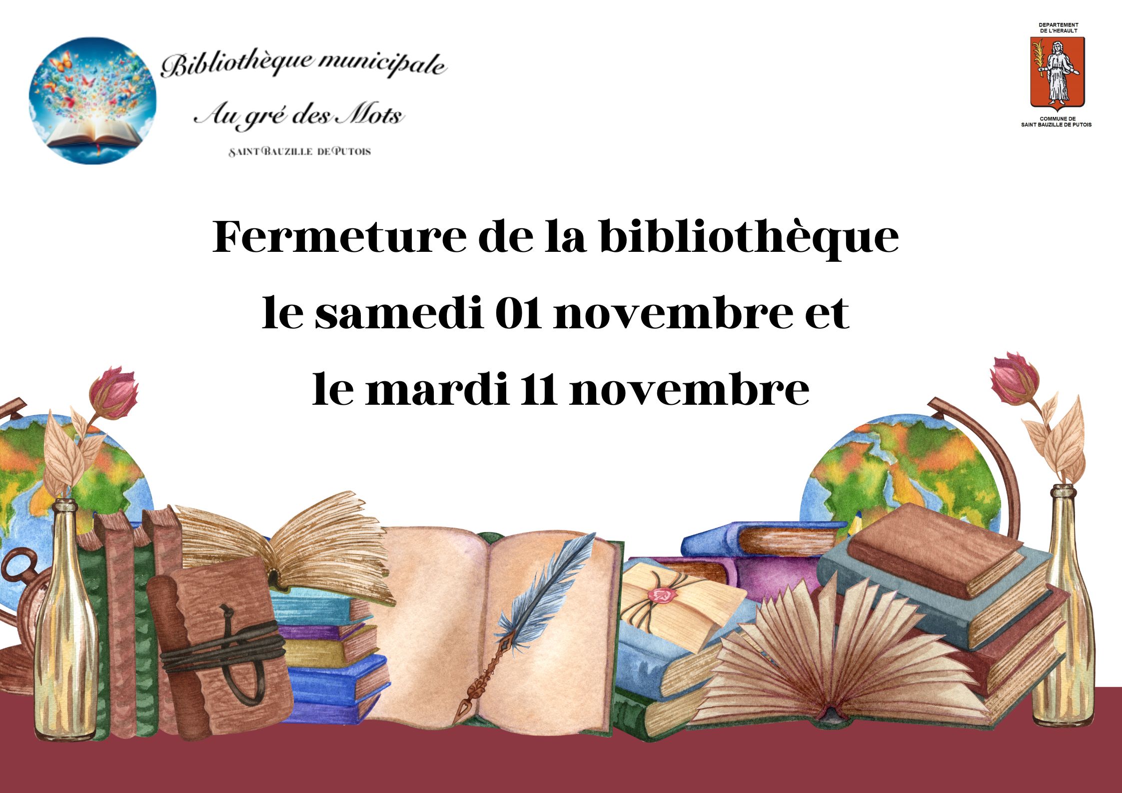 Fermeture de la bibliothèque le samedi 01 novembre et le mardi 11 novembre